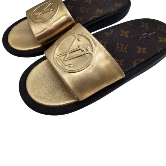 Louis Vuitton Sunbath Slide Sandal Flat Gold Brown Monogram Canvas Size 38 US 8 - Picture 11 of 12
